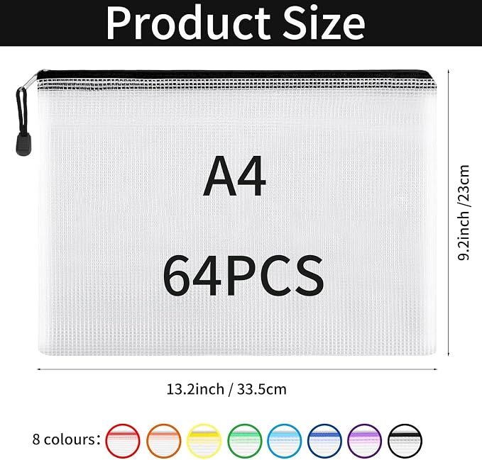 64Pcs Mesh Zipper Pouch Bags, 8 Colors A4/Letter Size Waterproof Zipper File Bags, Reusable Document Organizer Pouches for School, Office Supplies, Home, Toys, Puzzle, Travel
