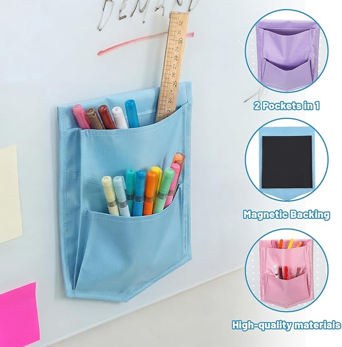3 Pcs Macaron Color Magnetic Whiteboard Storage Pocket 8"L x 10.6" H Nylon Classroom Organizer with Magnetic Office Supplie Stationery Storage Organizer for Whiteboard Glassboard