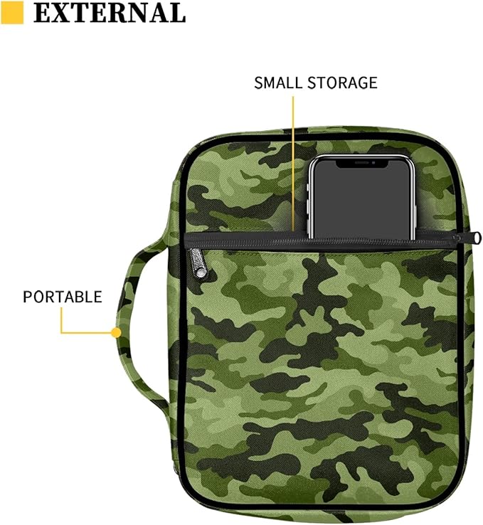 FDANDNDE Green Camo Bible Case with Handles and Zippered, Kid Bible Cover for Church Study Bible, Bible Cover Easy to Cleaning