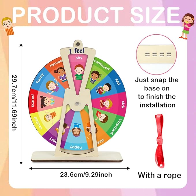Wooden Feelings Wheel Emotion Wheel with Stand 9.5Inch Therapy Office Desk Decor Expression Emotions Chart Mental Health Gifts Therapist Must Have Feelings Poster Sign Emotional Psychology Tool Decor