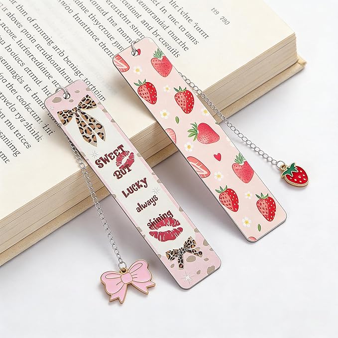 Pink Bow Metal Bookmark Gift Silver Chain Pendant with Bow for Women's Christmas Gift Book Lover Book Accessories School Supplies Office Stationery (Strawberry Bow 2PCS)