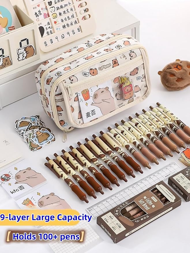 Cute Kawaii Pencil Case Pouch Cartoon Pen Box Holder Organizer for Office Workspace Supplies Desk Accessories Travel Essentials Aesthetic Trendy Cool Stuff Gift Large Capacity (Pink Kapibala)