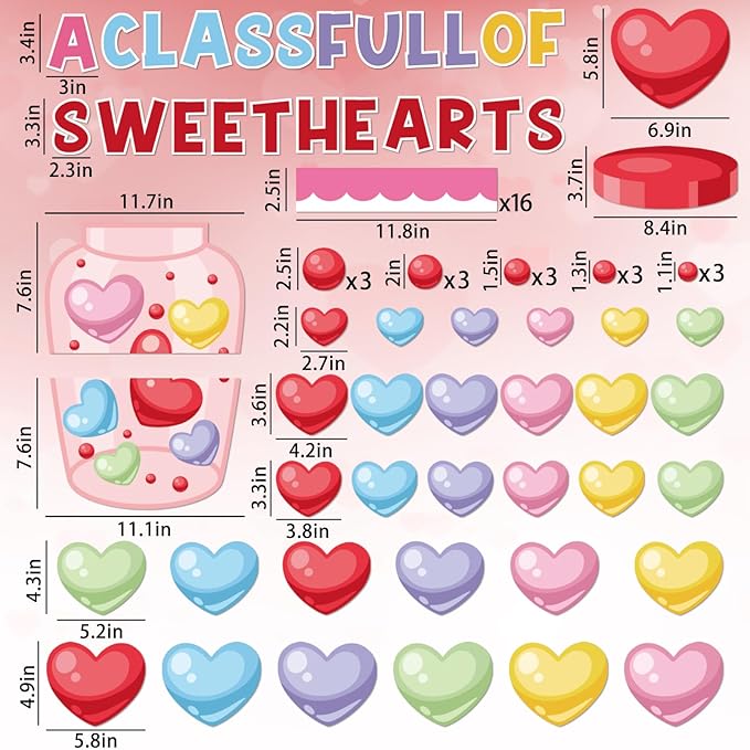 88Pcs Valentine‘s Day Bulletin Board Set Pink Heart Bottle Classroom Decorations Conversation Heart Paper Cutouts for Romantic Classroom Home Window Door Wall Decorations Party Supplies
