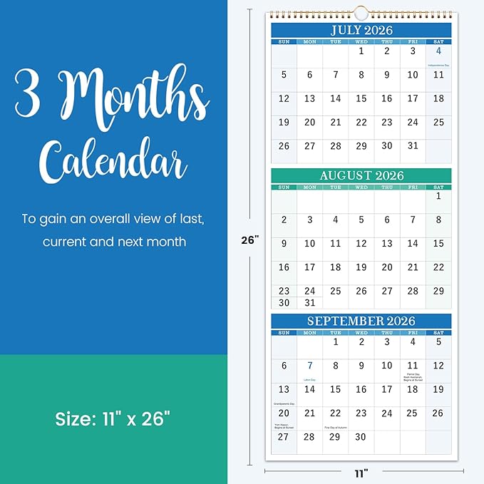 Wall Calendar 2026-2027 - 3 Month Calendar Vertical, April 2026 to June 2027, Calendar 2026-2027 with Large Blocks, 11'' x 26'' (Open)
