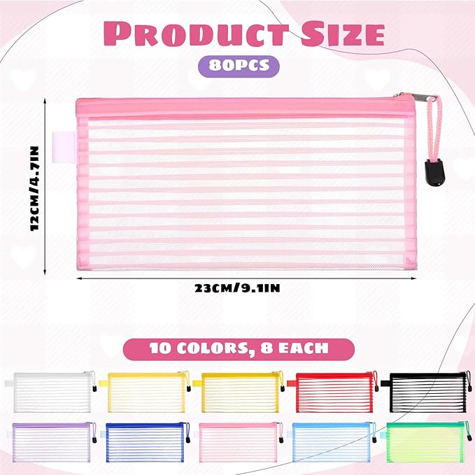 AHQiZFX 80 Pack Mesh Zipper Pouch, 10 Colors Waterproof File Bags Document Reusable Zipper Pouches Multipurpose Travel Bags for Storage Organizing, Office, School, Makeup, Board Games, Home Supplies
