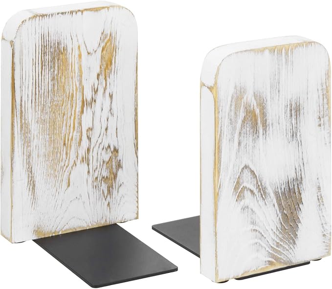 MyGift Farmhouse Book Ends for Shelves, Vintage Decorative Bookends, Bookends Display Organizer, Book Holder Stopper, Office Desk Decor, Whitewashed