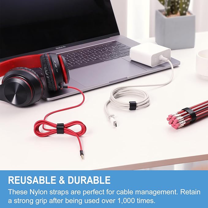 1 in x 90 ft Hook and Loop Roll | Double-Sided Strips, Self-Gripping Straps | Reusable Multi-Purpose Wrap Fasteners for Home, Office, Data Center, and More