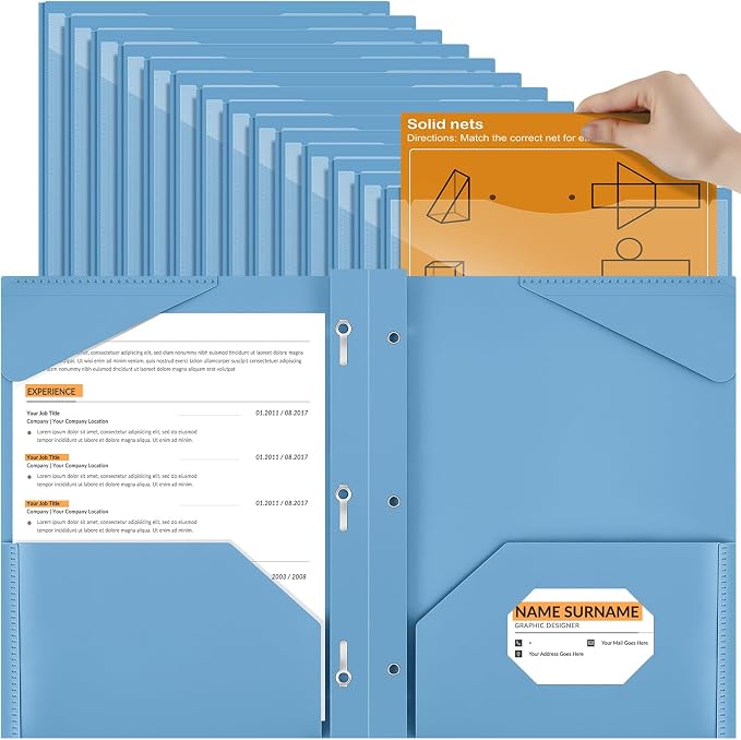 Henoyso 36 Pcs Plastic Folder with Clear Front Pocket and 3 Prong Plastic Folders with Card Slot Pocket Folders with Prongs for School Office (Haze Blue)