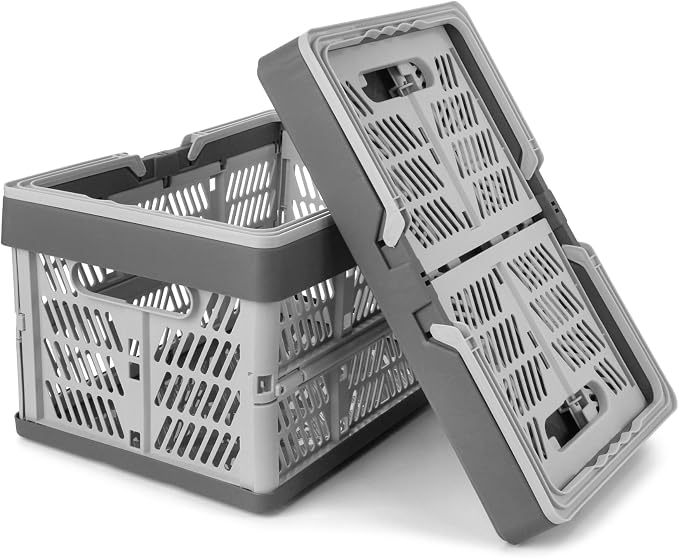 Domiella 2-Pack Foldable Storage Baskets, Collapsible PP Crates with Handles - 20L Capacity, Strong and Portable for Home Organization, Picnic and Shopping, Grey