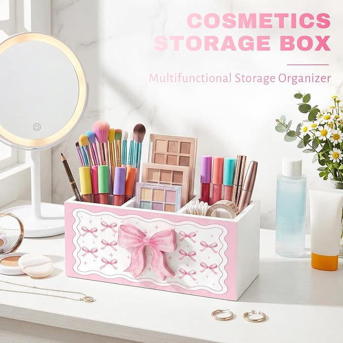 Pink Bow Pen Pencil Holder for Office Desk Pink Bow Office Decor Wooden Coquette Organizer Desktop Decor Gift for Girls Cute Makeup Brush Toothbrush Holder for Bathroom Desk Accessories