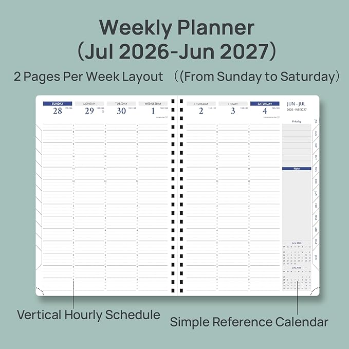 POPRUN 2026-2027 Planner Weekly and Monthly, Large Size 8.25" x 11.75", July 2026 to June 2027, Spiral Bound Calendar with Hourly Time Slots, Vertical Layout, Leather Soft Cover, Notes Pages - Midnight Green