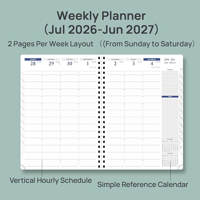 POPRUN 2026-2027 Academic Weekly Planner, Large Size 8.25" x 11.75", July 2026 to June 2027, Spiral Bound Calendar with Vertical Layout, Hourly Time Slots, PU Leather Softcover, Inner pocket - Beige