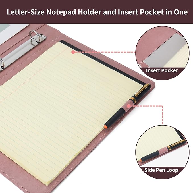 Vegan Leather 3 Ring Binder, 8.5 x 11 Letter Size Folio with Pen Holder, Soft Notebook Portfolio Cover, Slim Notepad Padfolio Thin File Organizer for Work Executive Meeting, Pink