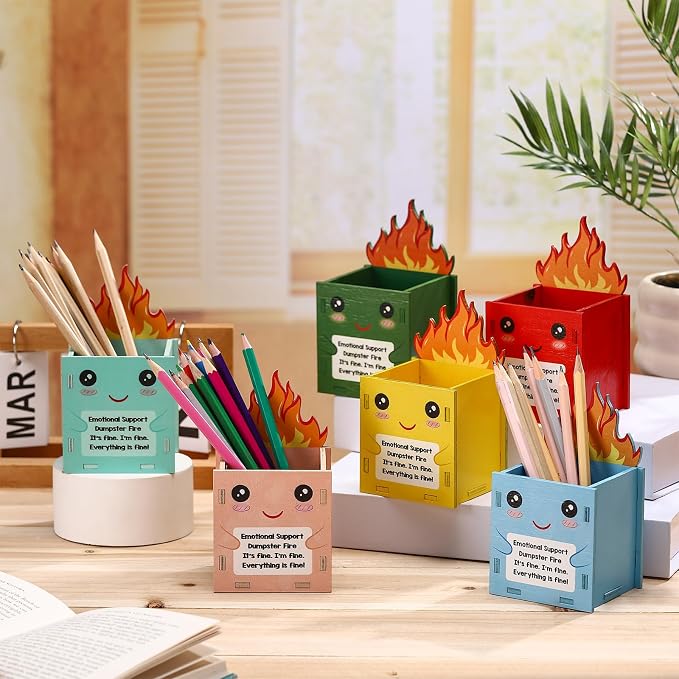 Sherr 6 Pcs Dumpster Fire Pencil Holder Wooden Pencil Dispenser for Classroom Teacher Appreciation Gift Bulk Back to School Dispenser Storage Organizer for Classroom Office Desk