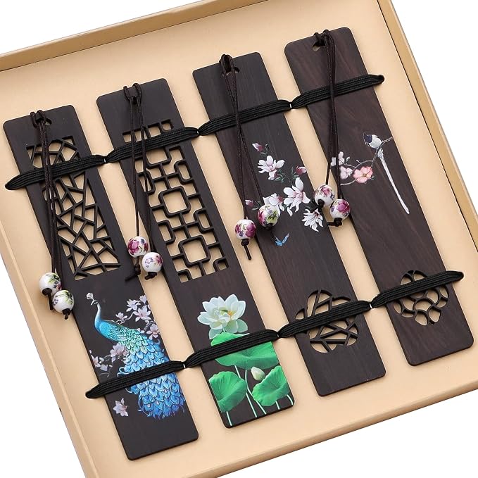 ZIZZON Wooden Bookmark for Men Women, Handmade Natural Wood Carving, Hollow Out and Painted Craft, Ideal Gifts for Men Women Friends Girls Teachers, Birthday Present (Peacock and Lotus)