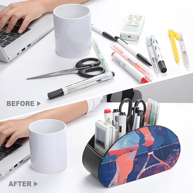Remote Control Holder,Holding A Tennis Racket Printed PU Leather Remote Caddy Desktop Organizer with 5 Compartments for Media Accessories & Office Supplies Storage