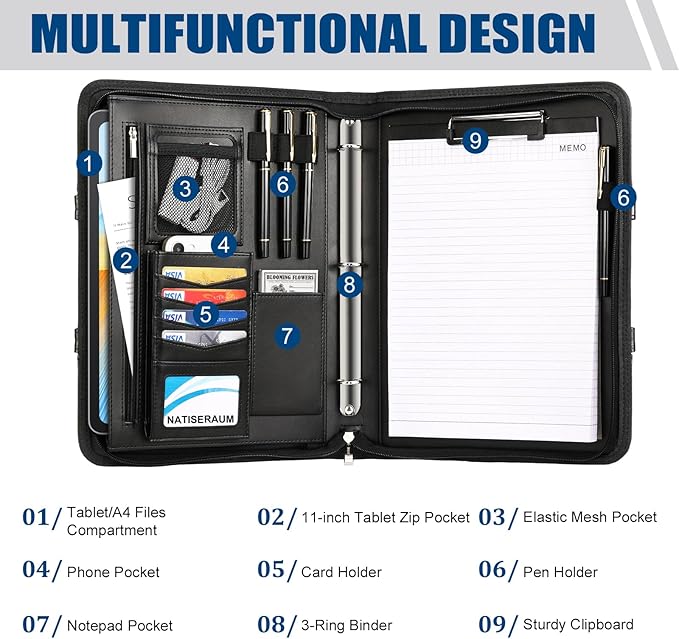 Portfolio Binder 3 Ring Includes Pen and 5 Dividers with 10 Pockets, Padfolio Organizer with Zipper for Men and Women, Includes A4 Notepad for Business, School, Work