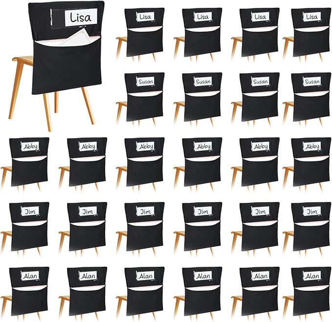 24 PCS Chair Pockets for Classroom, 20 x 17 Inch Large Chairback Storage Pockets for Classroom Students with Name Tag Classroom Organizer for Keeping School Table Organized Black