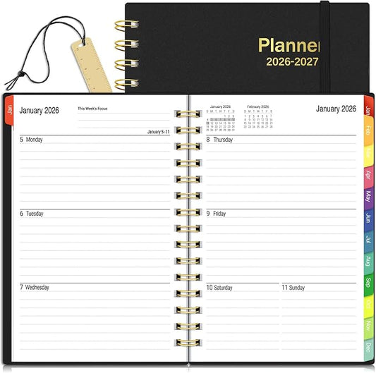 Daily Planner 2026-2027, 18 Month Planner with Tabs, January 2026 - June 2027 Weekly and Monthly Agenda Year Calendar Spiral Time Management, 100GSM Thick Paper, Twin-Wire Binding, A5 Size, Black