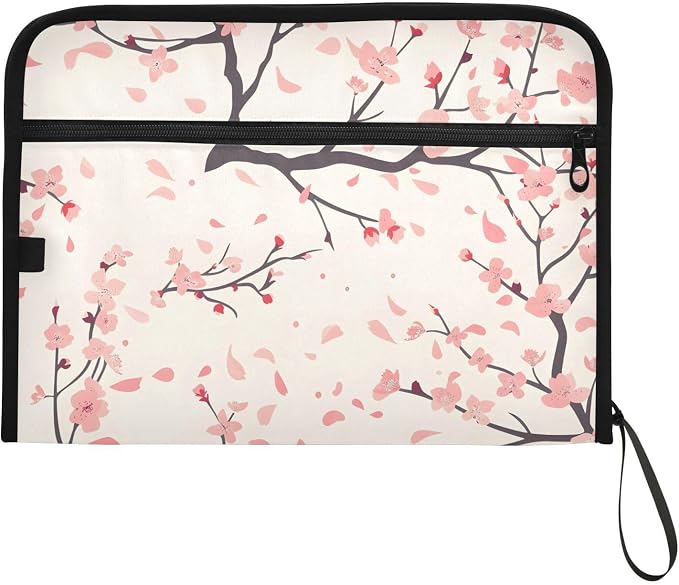 Expanding File Folder Cherry Blossom Flower Pattern Accordion File Organizer 13 Pockets Document Organizer with Zipper Labels A4 Letter Office Storage