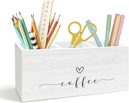 Coffee Pen Holder for Desk, Coffee Lover Gifts, Barista Gifts Wooden Box Pencil Pen Holder Organizer for Home Office Cafe Shop Desk Accessories