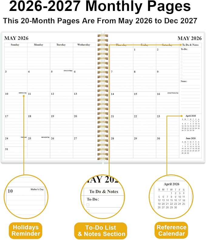Monthly Planner 2026-2027 – Monthly Calendar from May 2026 to December 2027, 20 Month Planner with Spiral Binding, Inner Pocket, Elastic Closure, 8.5" x 11", Flower-A