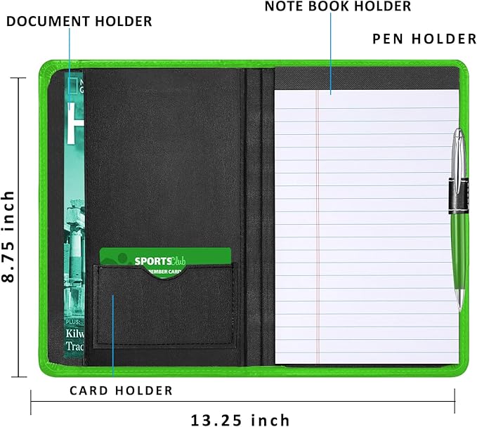 Lcjtop Padfolio/Portfolio Binder, Mini Padfolio Portfolio Binder 5 x 8 Legal Writing Pad, A5 Document Organizer Folder for Men Women, Green