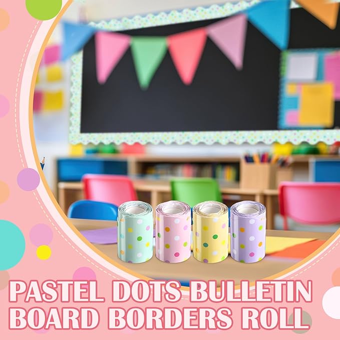 Mooliwe 131 Feet Pastel Dots Bulletin Board Borders Colorful Polka Dot Bulletin Border Board Rainbow Dot Wavy Scalloped Straight Trim Borders for Classroom Office Home Decor