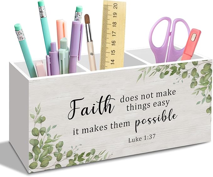 Sage Green Christian Pen Pencil Holder for Desk, Sage Christian Office Desk Accessories Decor, Faith Does Not Make Things Easy It Makes Things Possible Pen Holder Organizer for Farmhouse Home