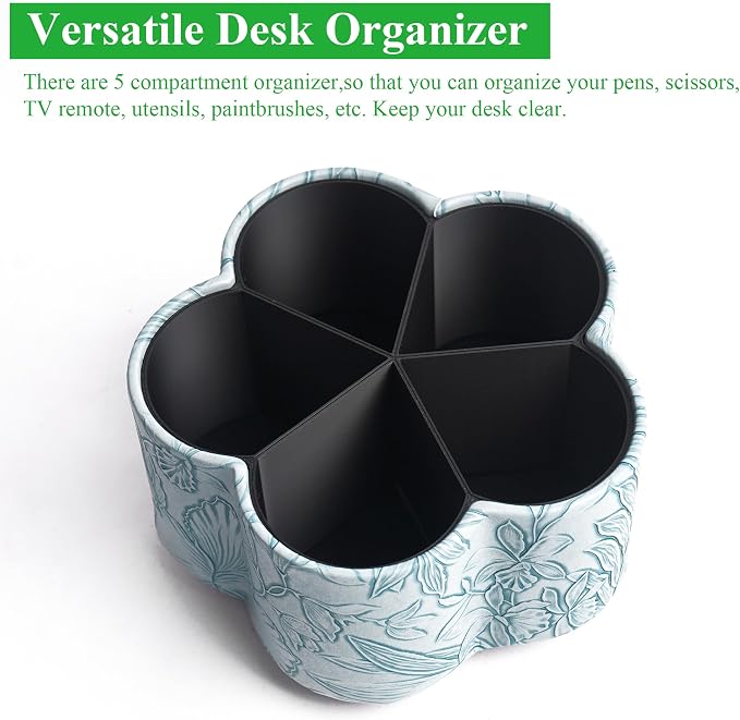Flower Shaped Leather Art Supply Organizer,Remote Control Holder,360 Degree Spinning,Multi-Functional Pencil Holder,5 Compartments Desktop Stationary Organizer(1-Flower Blue)