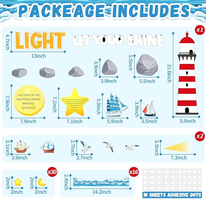 109Pcs Christian Religious Bulletin Board Set Let Your Light Shine Classroom Decoration VBS 2026 Bible Verse Lighthouse Paper Cutout for Church Easter Sunday School Chalkboard Door Wall Decor