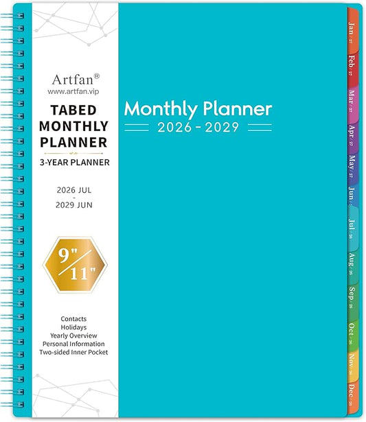 Artfan Monthly Planner/Calendar 2026-2029 - Jul.2026 - Jun.2029, 9" x 11", 3 Year Monthly Planner 2026-2029 with 36-Month Calendar + Colorful Tabs + Pocket - Teal