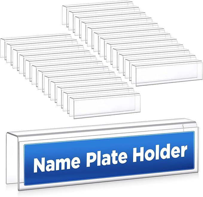 Wonderjune 25 Pack Plastic Cubicle Name Plate Holder 8.5" Wide x 2" High Glass Wall Name Plate Holder Clear Acrylic Sign Display Stand for Home Office Business (Suitable for 1" Cubicle Wall)