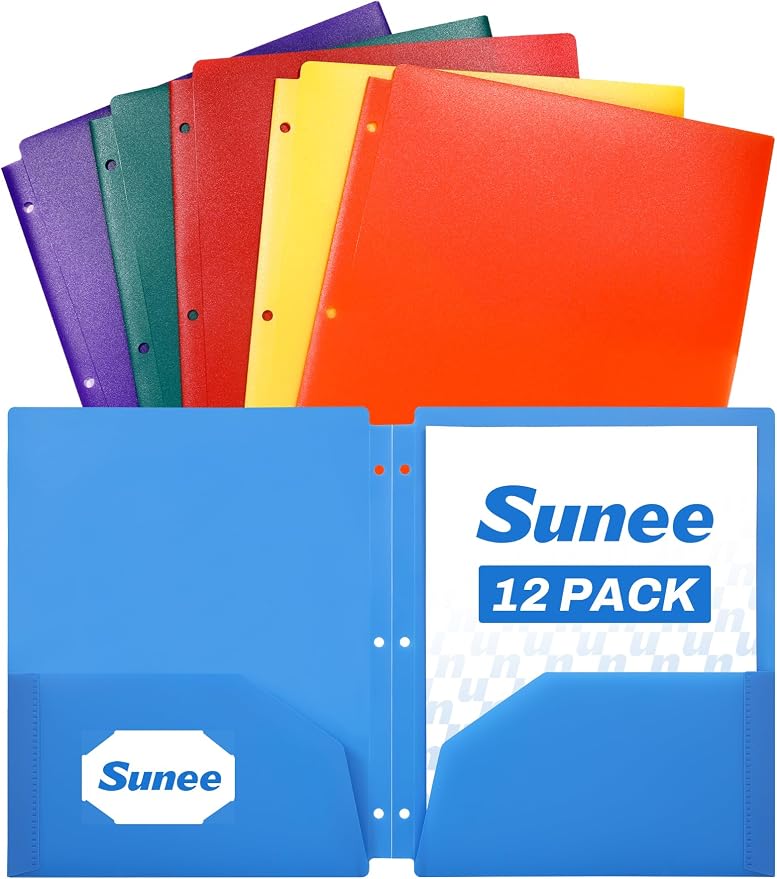 SUNEE 3 Hole Folders with Pockets (12 Pack, Assorted Color), Plastic Folders for 3 Ring Binder, Heavy Duty Binder Folder for Document for School, Students, Teachers, Office Staf