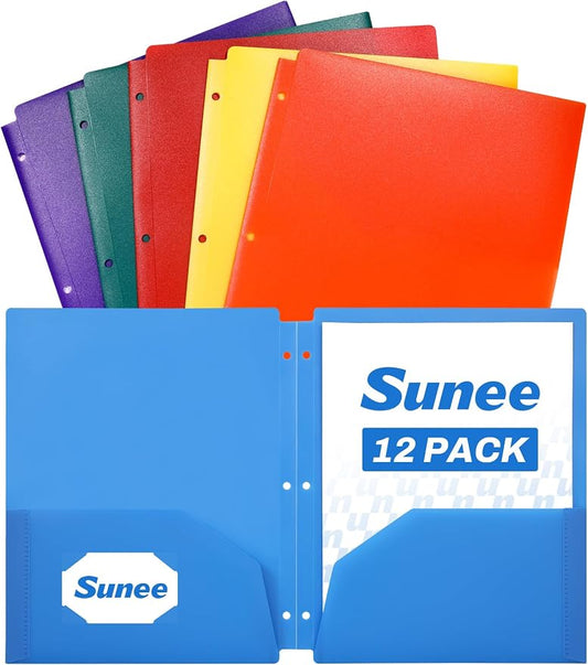 SUNEE 3 Hole Folders with Pockets (12 Pack, Assorted Color), Plastic Folders for 3 Ring Binder, Heavy Duty Binder Folder for Document for School, Students, Teachers, Office Staf