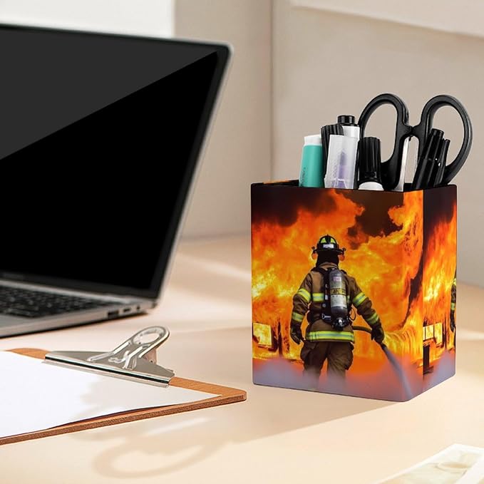 Firefighter Fireman Flame Pencil Holder Waterproof PU Pen Cup Holders Women Makeup Brush Holder Desktop Pen Organizer for Office Desk Accessories
