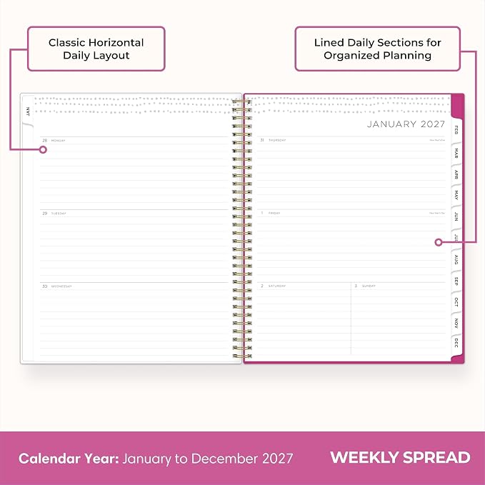 Blue Sky Kelly Ventura 2027 Weekly and Monthly Planner Calendar, January 2027 - December 2027, 8.5" x 11", Flexible Cover, Laminated Tabs, Durable Twin Wire Binding, Storage Pocket, Includes Sticker Sheet, Magenta Blooms