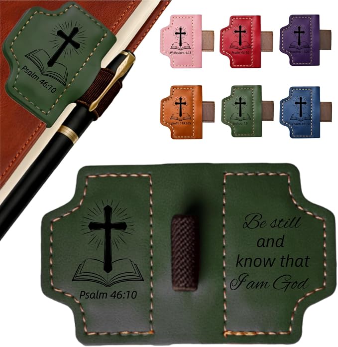 MOTEERLLU Bygone Mark Personalized Magnetic Leather Bookmark Pen Holder, Christian Gifts, Inspirational Bible Book Marks for Reading Women, Men, Teachers, Book Lover(Green Psalm 46:10)