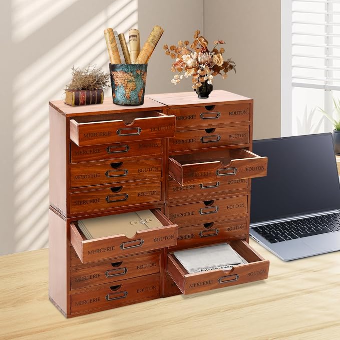16-Drawer Wooden Storage Box, Literature Organizer 4Pcs 4-Slot Wooden Desk Drawer Unit Desktop File Holder, Craft Storage Box for Home, File Cabinet for Office, Classrooms, Cafes (Brown)
