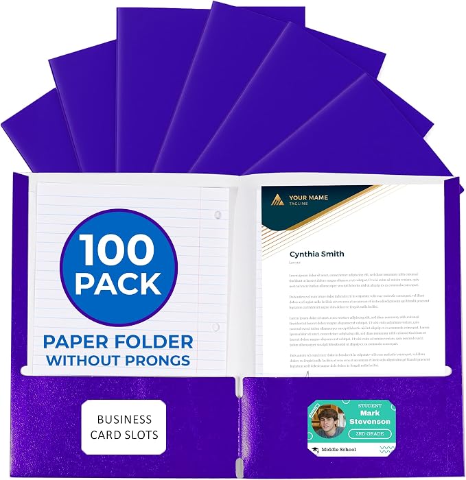 100 Pack Purple 2 Pocket Paper Folders. EPI Heavy Duty, Bulk Folders with Pockets and Business Card Slots. Colored Letter Size Document Organizers. Durable Portfolio for School, College, Office Files