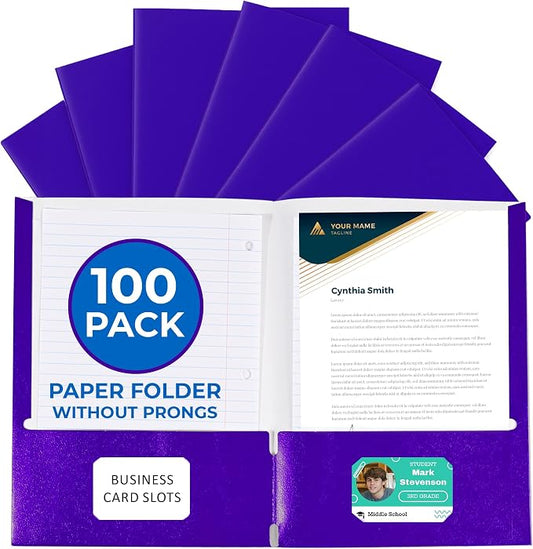 100 Pack Purple 2 Pocket Paper Folders. EPI Heavy Duty, Bulk Folders with Pockets and Business Card Slots. Colored Letter Size Document Organizers. Durable Portfolio for School, College, Office Files