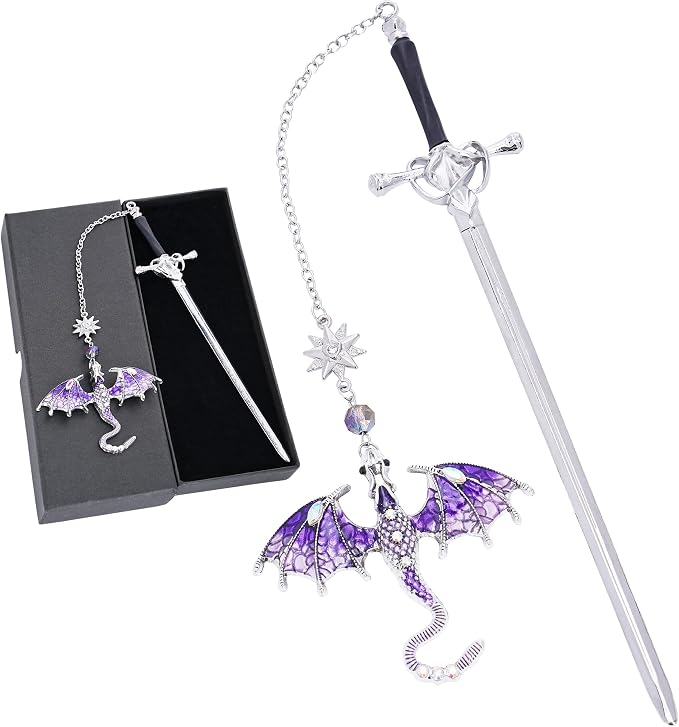 Fantasy Fourth Wing Bookmark - Cool Sward Dragon Book Mark Unique Vintage Tassel Metal Pendant Antique Silver Purple Page Markers Reading Lovers Women Men Teachers Birthday Christmas Gifts