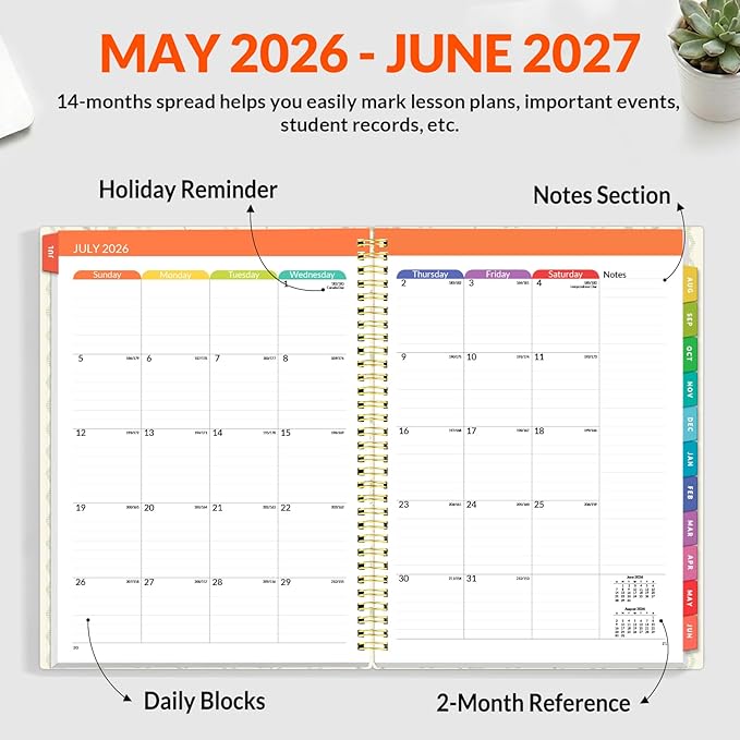 SUNEE Teacher Planner 2026-2027 Academic Year, Lite Lesson Planner Book with 7 Periods Jul 2026 - Jun 2027, 8.5"x11" Daily Weekly and Monthly Organizers, Plan Book with Pocket, Tabs, Floral Stripes