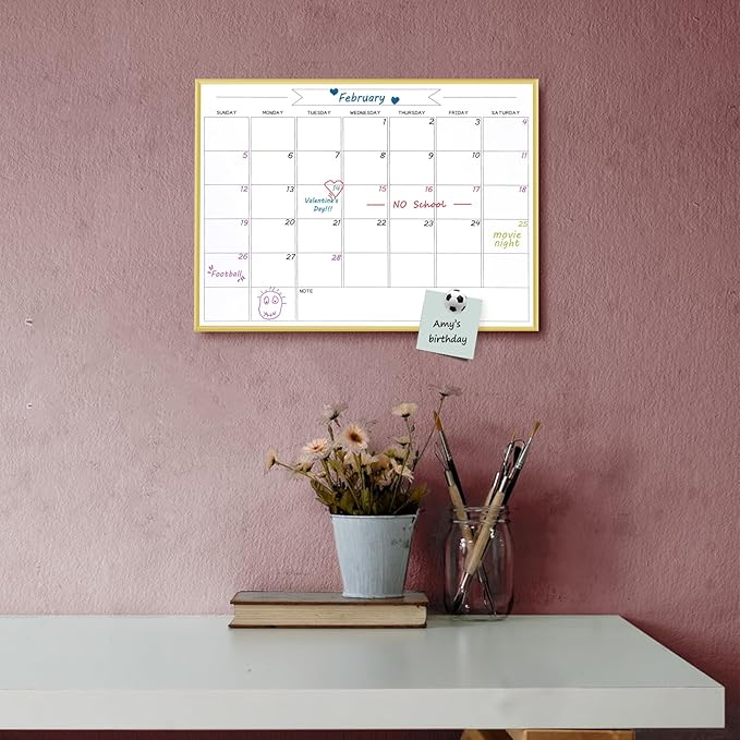 Dry Erase Monthly Calendar Whiteboard, 10.5"x 14.5" Gold Aluminum Frame, Magnetic White Board for Wall Office/School/Home, Hanging Board for Decoration/Kitchen Grocery List（YL-Gold-2737-B）