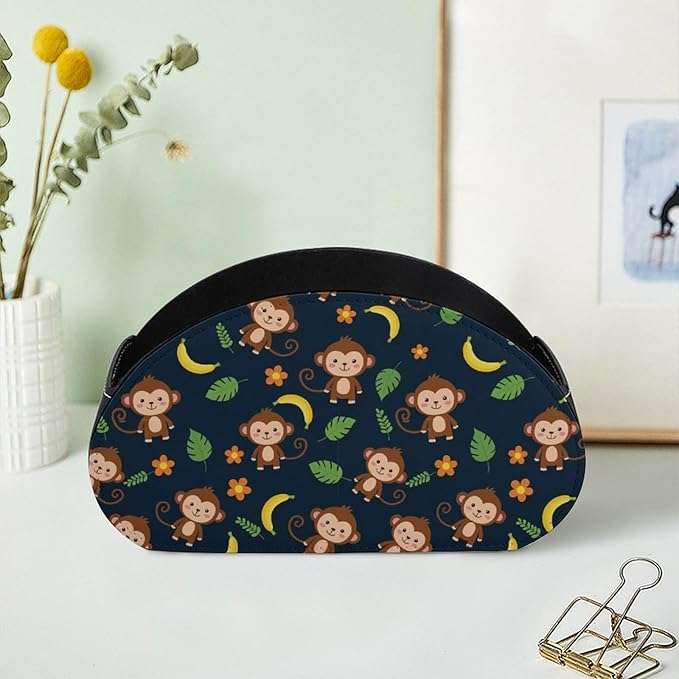 5-Compartment Remote Control Storage, PU Leather Caddy for Media Players, TV Remotes, and Desk Accessories, Animal Print Monkey