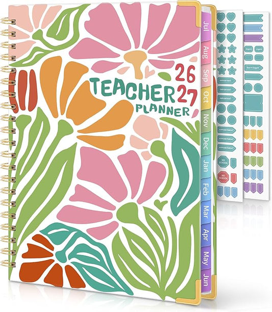 SKYDUE Teacher Planner 2026-2027 Academic Year, 8.5" x 11" Deluxe Teacher Lesson Planner with Monthly Tabs & Stickers, Lesson Plan Book 26-27, AbstractFloral