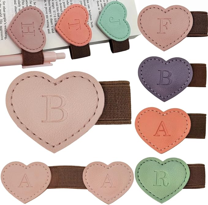 Personalized Magnetic Leather Heart Bookmark with Pen Holder - 26 Letters Custom Book Mark Notebook Pencil Loop with Initial Book Marker for Readers, Book Lovers- Gifts for Women Men(Pink,B)