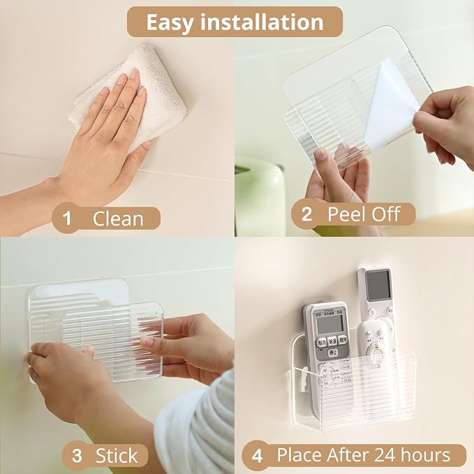LINFIDITE 2 Pack Adhesive TV Remote Control Holder Wall Mount TV Remote Holder For Bedside Wall Remote Control Caddy Storage Organizer Stand Box （For 2 Or 4 Remote Controls – Transparent ）
