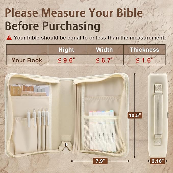 Classic Leather Bible Cover Case with Cross Design and Handle for Men Women, Durable Bible Study Supplies Organizer Carrying Bag, Perfect Christmas Gifts for Christians with Gift Box（Beige