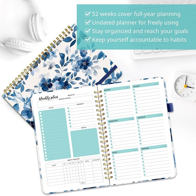 Taja Undated Weekly Planner, Weekly To Do List Notebook with Goal & Habit Tracker Organizer, A5 Weekly Planner Notebook with Spiral Binding, 6.1" x 8.2" - Blue Blossom